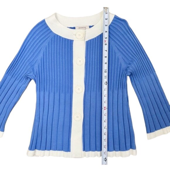 Covington Blue White Ribbed Button Cardigan Sweater M Retro Statement Knit - Picture 9 of 10
